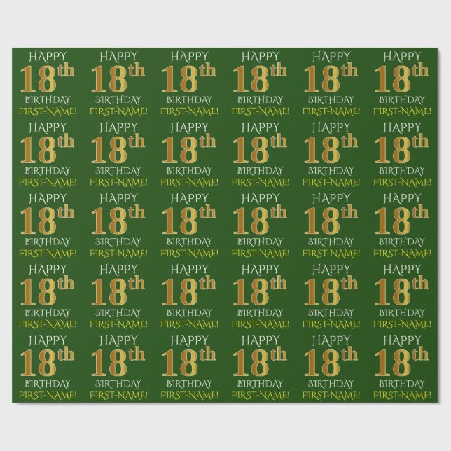 Papel De Presente Verde, Faux Dourado "FELIZ 18 ANOS" (Aberto)