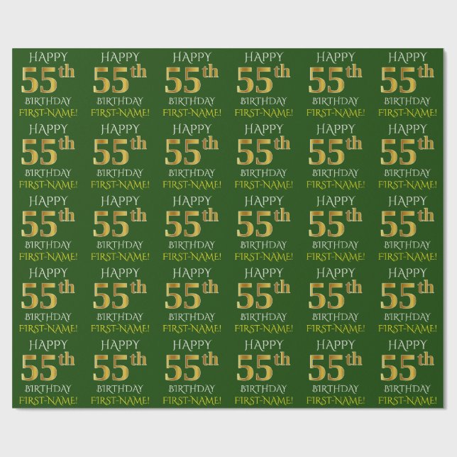 Papel De Presente Verde, Faux Dourado "FELIZ 55 ANOS" (Aberto)