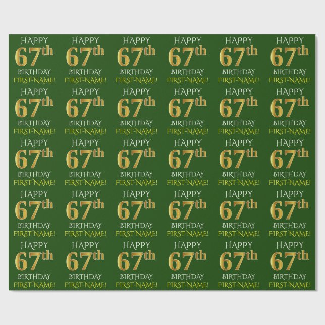 Papel De Presente Verde, Faux Dourado "FELIZ 67 ANOS" (Aberto)