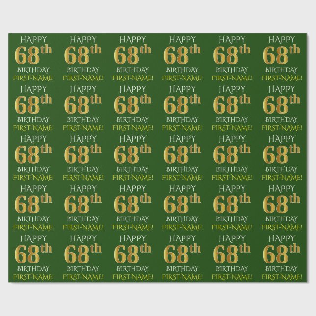 Papel De Presente Verde, Faux Dourado "FELIZ 68 ANOS" (Aberto)