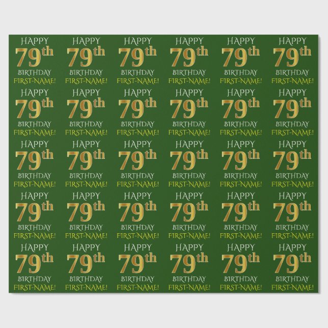 Papel De Presente Verde, Faux Dourado "FELIZ 79 ANOS" (Aberto)