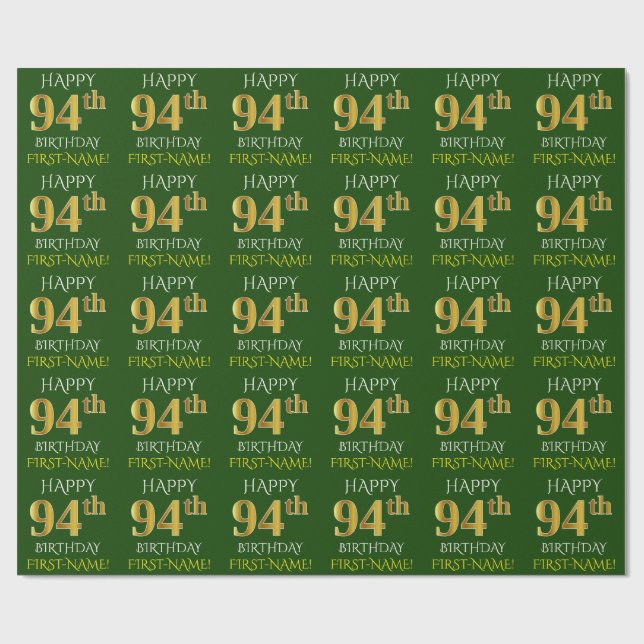Papel De Presente Verde, Faux Dourado "FELIZ 94 ANOS" (Aberto)