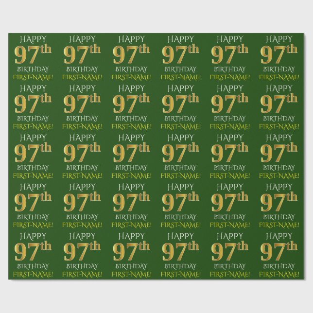 Papel De Presente Verde, Faux Dourado "FELIZ 97º ANIVERSÁRIO" (Aberto)
