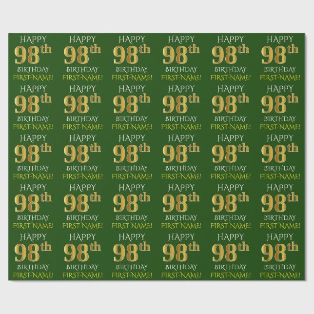 Papel De Presente Verde, Faux Dourado "FELIZ 98 ANOS" (Aberto)