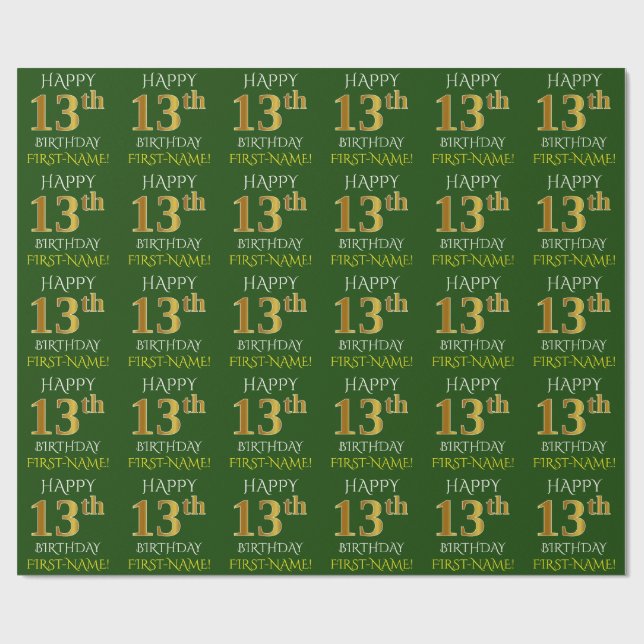 Papel De Presente Verde, Faux Dourado "FELIZ ANIVERSÁRIO 13" (Aberto)