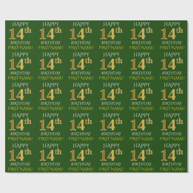 Papel De Presente Verde, Faux Dourado "FELIZ ANIVERSÁRIO 14" (Aberto)
