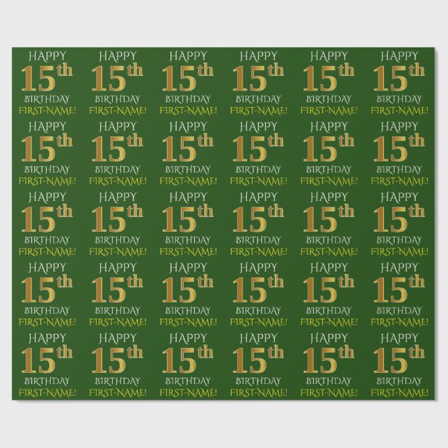 Papel De Presente Verde, Faux Dourado "FELIZ ANIVERSÁRIO 15" (Aberto)