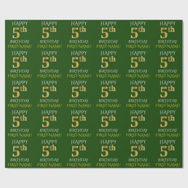 Papel De Presente Verde, Faux Dourado "FELIZ ANIVERSÁRIO 5" (Aberto)
