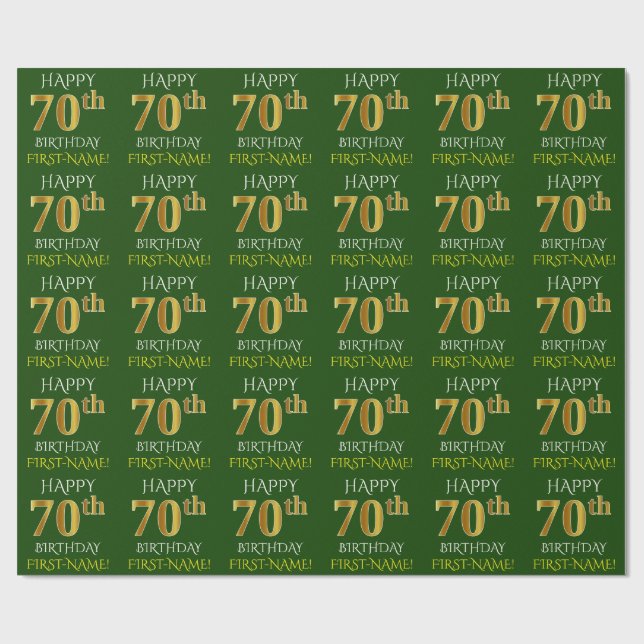 Papel De Presente Verde, Faux Dourado "FELIZ ANIVERSÁRIO 70" (Aberto)