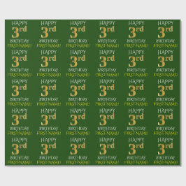 Papel De Presente Verde, Faux Dourado "FELIZ aniversário de 3 anos"