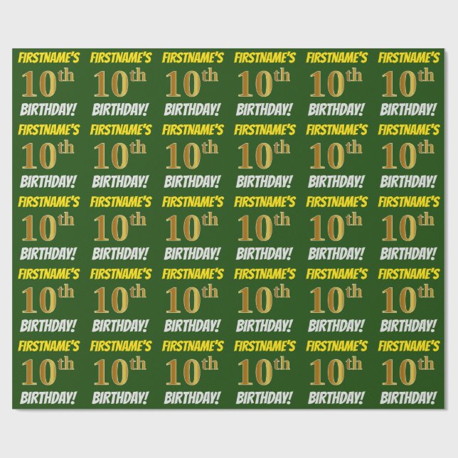 Papel De Presente Verde, Faux/Imitação Dourada, "10º ANIVERSÁRIO" (Aberto)