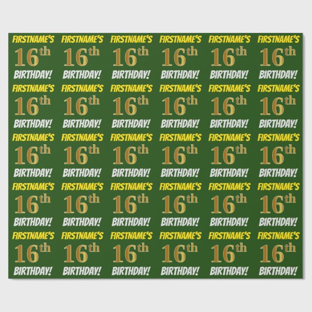 Papel De Presente Verde, Faux/Imitação Dourada, "16º ANIVERSÁRIO" (Aberto)