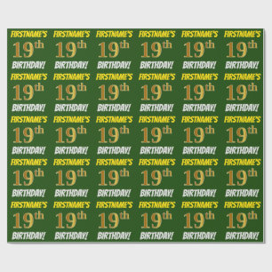 Papel De Presente Verde, Faux/Imitação Dourada, "19 ANOS"