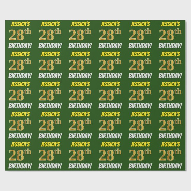 Papel De Presente Verde, Faux/Imitação Dourada, "28 ANOS" (Aberto)