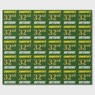 Papel De Presente Verde, Faux/Imitação Dourada, "32º ANIVERSÁRIO"