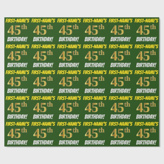 Papel De Presente Verde, Faux/Imitação Dourada, "45 ANOS" (Aberto)
