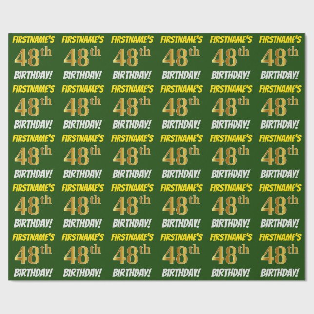 Papel De Presente Verde, Faux/Imitação Dourada, "48 ANOS" (Aberto)