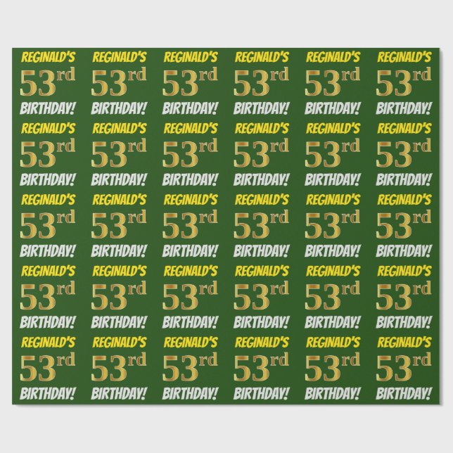 Papel De Presente Verde, Faux/Imitação Dourada, "53º ANIVERSÁRIO" (Aberto)