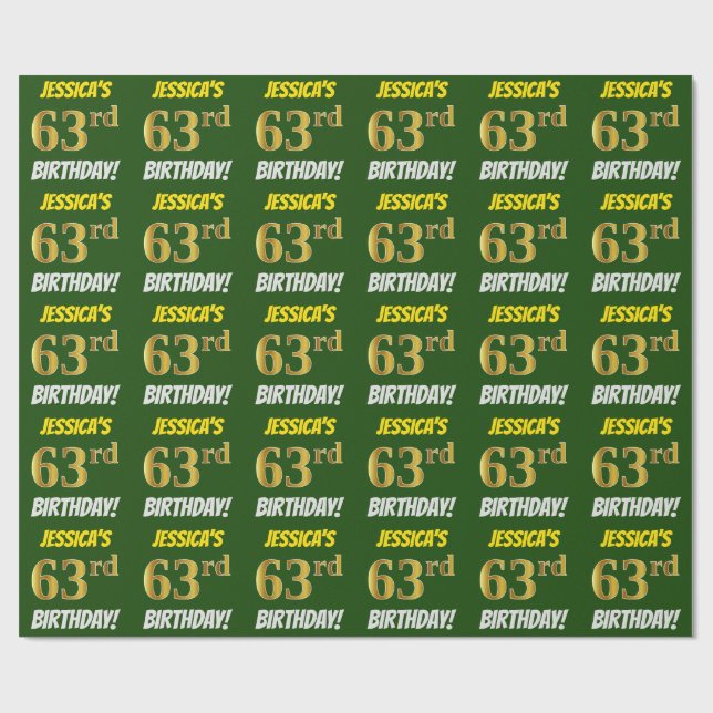 Papel De Presente Verde, Faux/Imitação Dourada, "63º ANIVERSÁRIO" (Aberto)