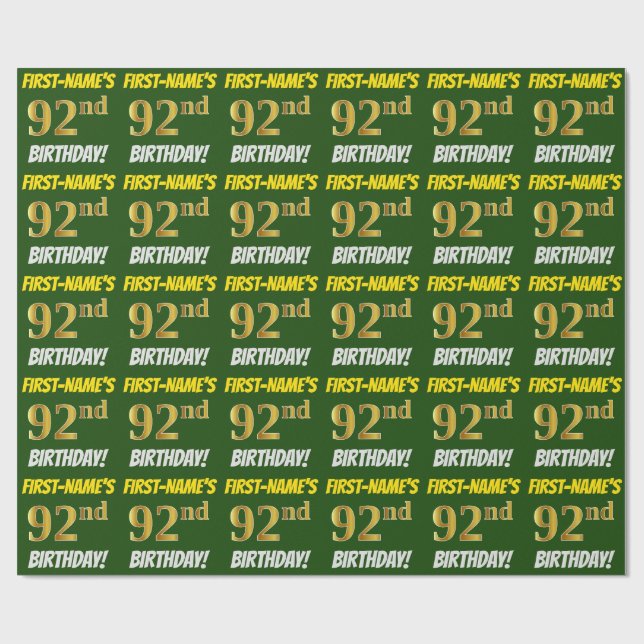 Papel De Presente Verde, Faux/Imitação Dourada, "92º ANIVERSÁRIO" (Aberto)