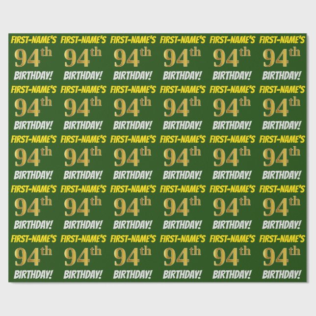 Papel De Presente Verde, Faux/Imitação Dourada, "94º ANIVERSÁRIO" (Aberto)