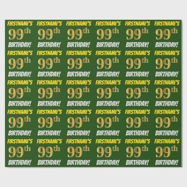 Papel De Presente Verde, Faux/Imitação Dourada, "99º ANIVERSÁRIO" (Aberto)
