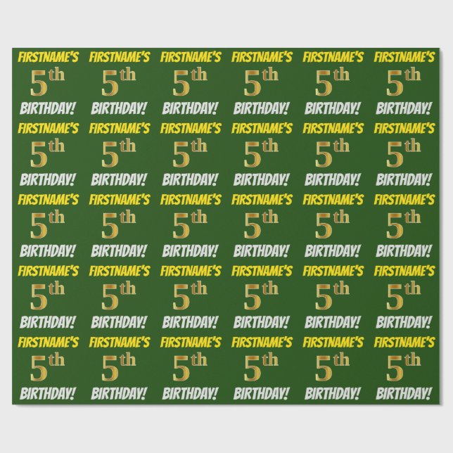 Papel De Presente Verde, Faux/Imitação Dourada, "ANIVERSÁRIO 5" (Aberto)