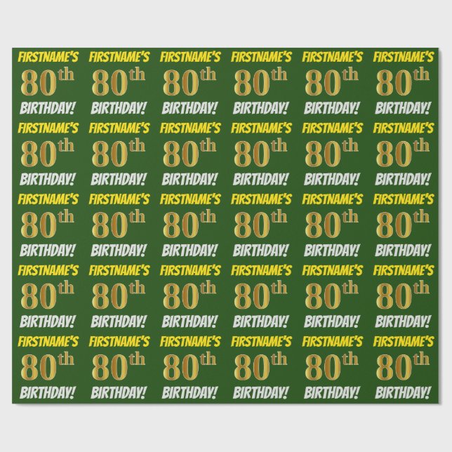 Papel De Presente Verde, Faux/Imitação Dourada, "ANIVERSÁRIO 80" (Aberto)