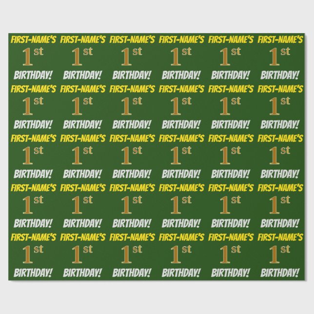 Papel De Presente Verde, Faux/Imitação Dourada, "primeiro aniversari (Aberto)