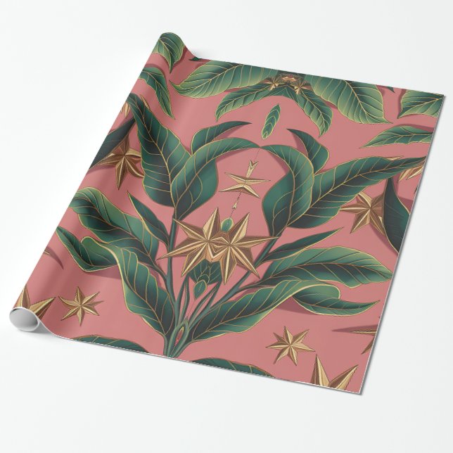 Papel De Presente Verde-Floral Elegante e Estrela Festiva Dourada (Desenrolado)