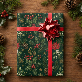 Papel De Presente Verde Floresta Botânico Azevinho Natal Férias