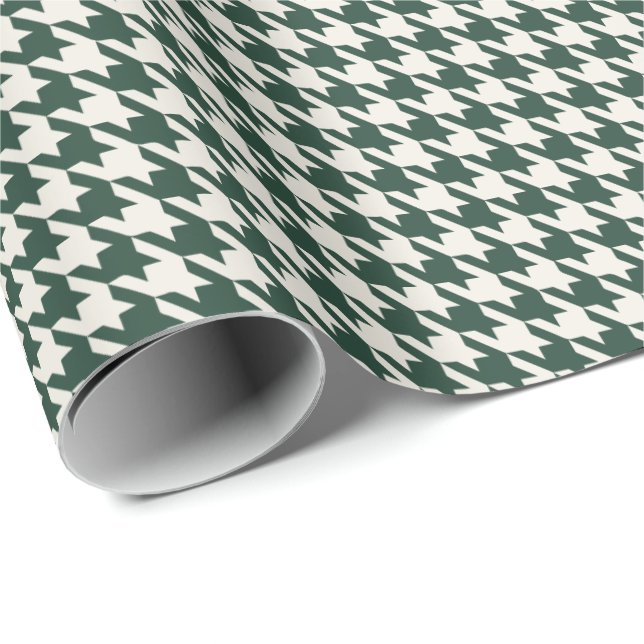 Papel De Presente Verde Floresta & Marfim Padrão Houndstooth | Elega (Ponta do rolo)