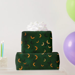 Papel De Presente Verde Glamouroso e Morcegos Laranja Halloween Boke