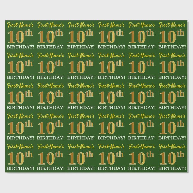 Papel De Presente Verde, Imitação Dourada, "10º ANIVERSÁRIO" (Aberto)