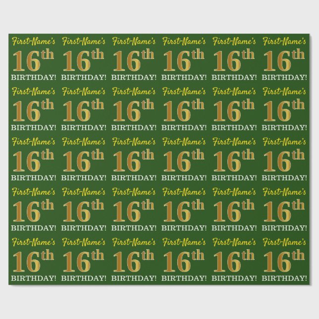 Papel De Presente Verde, Imitação Dourada, "16º ANIVERSÁRIO" (Aberto)