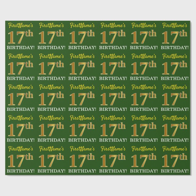 Papel De Presente Verde, Imitação Dourada, "17º ANIVERSÁRIO" (Aberto)