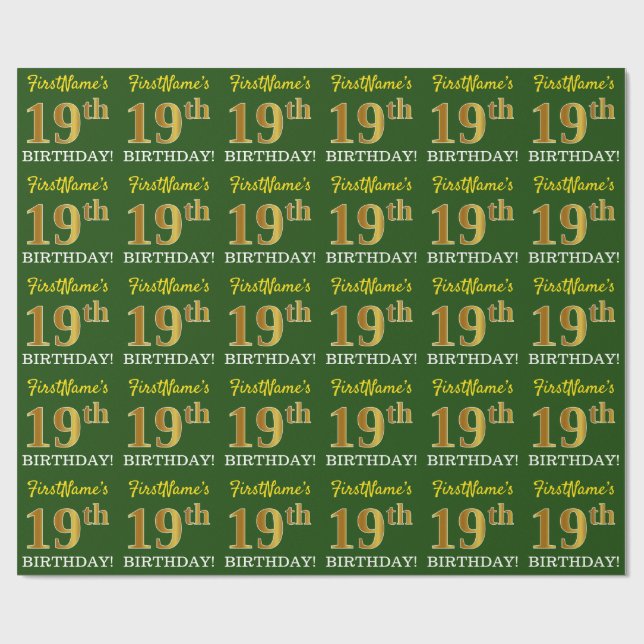 Papel De Presente Verde, Imitação Dourada, "19º ANIVERSÁRIO" (Aberto)