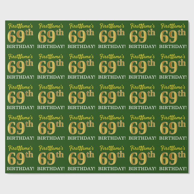 Papel De Presente Verde, Imitação Dourada "69º ANIVERSÁRIO" (Aberto)