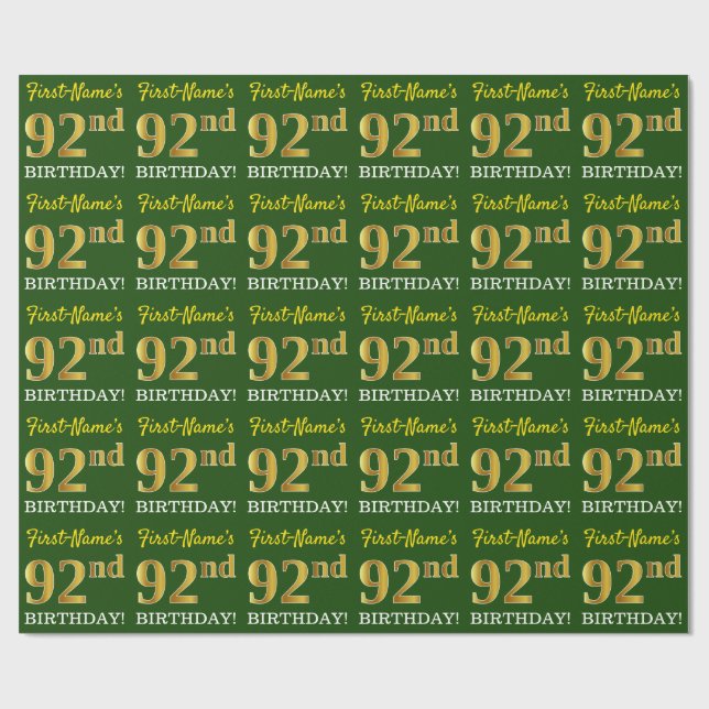 Papel De Presente Verde, Imitação Dourada "92º ANIVERSÁRIO" (Aberto)