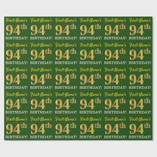 Papel De Presente Verde, Imitação Dourada "94º ANIVERSÁRIO" (Aberto)