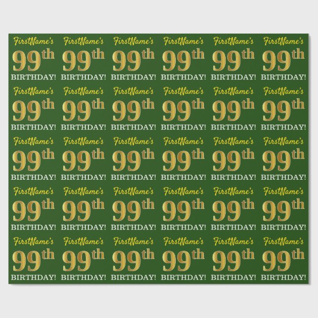 Papel De Presente Verde, Imitação Dourada "99º ANIVERSÁRIO" (Aberto)