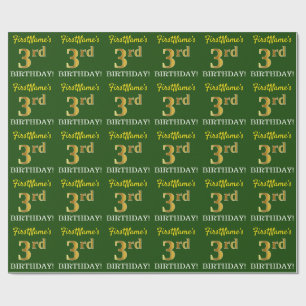 Papel De Presente Verde, Imitação Dourada "aniversário de 3 anos"