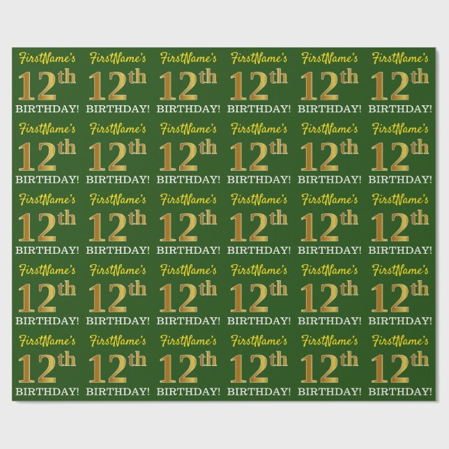 Papel De Presente Verde, Imitação Dourada Olha "12 de ANIVERSÁRIO" (Aberto)