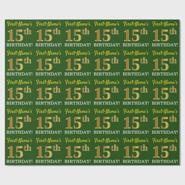 Papel De Presente Verde, Imitação Dourada Olha "15 de ANIVERSÁRIO" (Aberto)