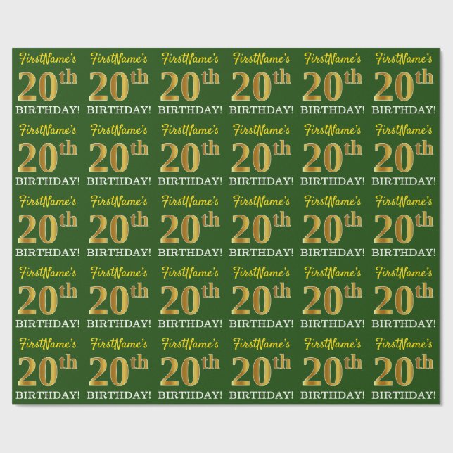 Papel De Presente Verde, Imitação Dourada Olha "20 de ANIVERSÁRIO" (Aberto)