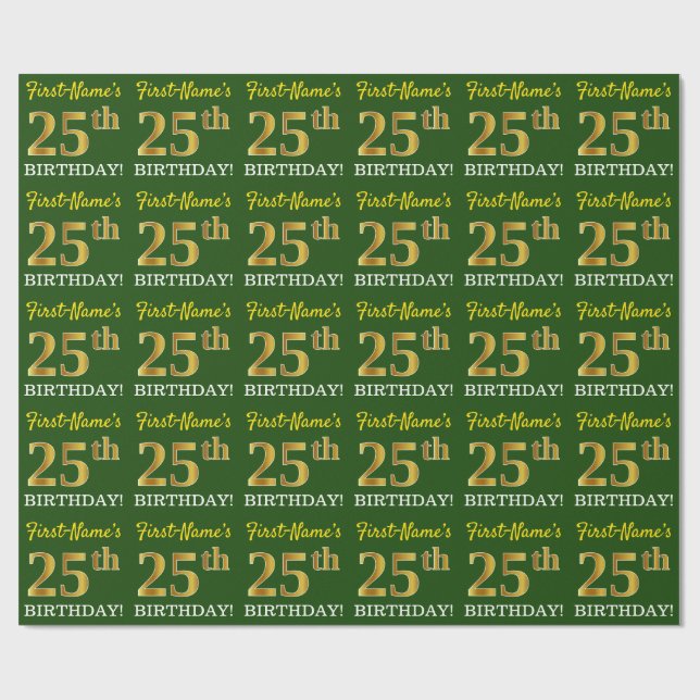 Papel De Presente Verde, Imitação Dourada Olha "25 de ANIVERSÁRIO" (Aberto)