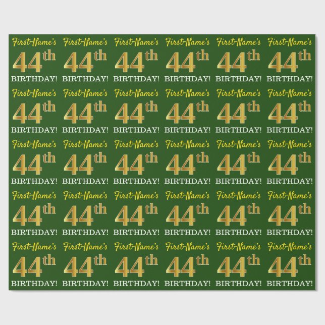 Papel De Presente Verde, Imitação Dourada Olha "44 de ANIVERSÁRIO" (Aberto)