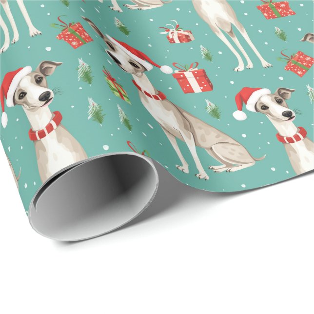 Papel De Presente 🎄🎅Verde-menta com Whippets (Ponta do rolo)