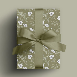 Papel De Presente Verde-oliva Floral Simples Arte em Linha Branco Fl