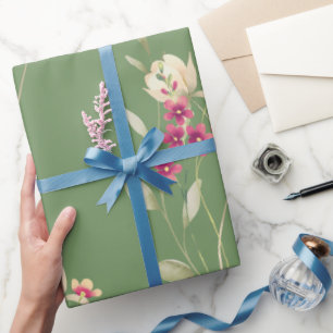 Papel De Presente Verde-Padrão Floral de Cores Aquáticas Quentes